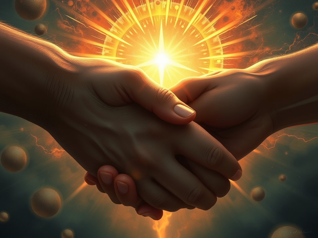 two hands holding each other with an aura around them